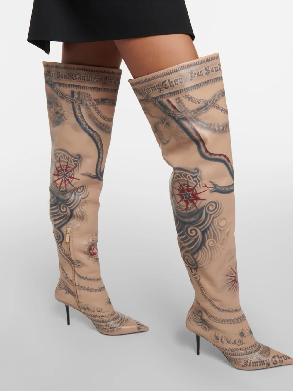 Jimmy Choo Jean Paul Gaultier Over-the-Knee Tattoo-Print Stiletto Boots in Beige